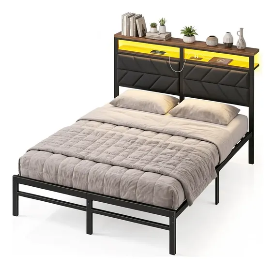 Estrutura De Cama Metal Casal Com Cabeceira Estofada E Led Preto Hot Wheels