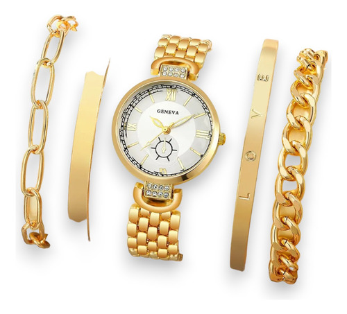 Set Reloj Dorado Circular Con 4 Pulseras Love Kawaii Regalo