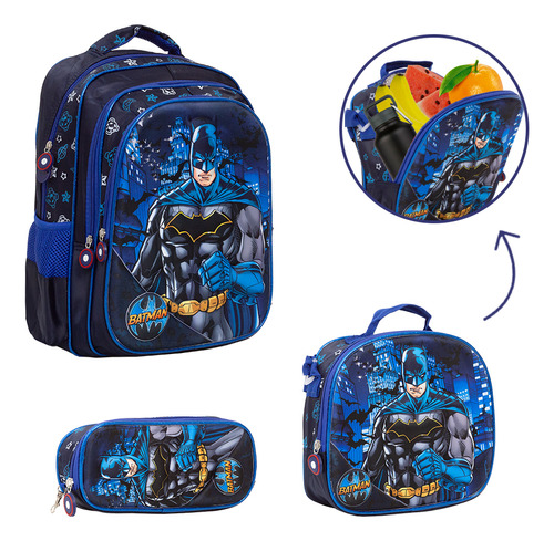 Kit Bolsa Escolar Infantil Batman Juvenil Tam G Costas