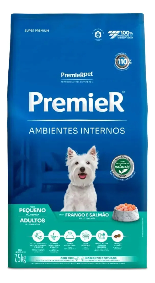 Ração Premier Ambientes Internos Cães Adultos Raças Pequenas Frango e Salmão 7,5 kg