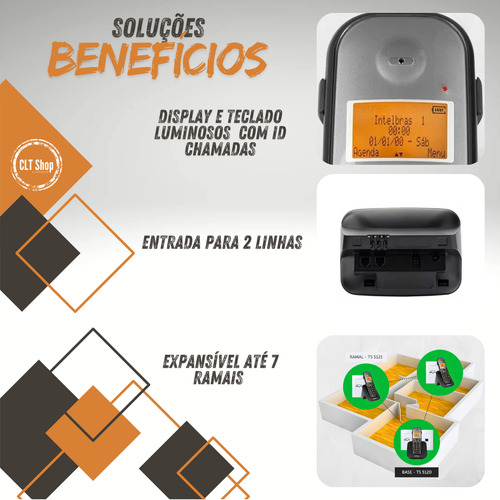 Kit Telefone Fixo Sem Fio 2 Linhas Com 7 Ramal Bina Headset