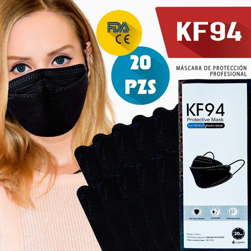 Kf94 Cubrebocas Adulto Color Negro Paquete 20 Pzs Mascarilla