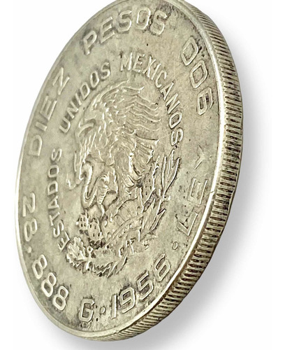 Moneda Plata Hidalgo 10 Pesos 1956 L900 De 28.888 Gr Cápsula (Usado)