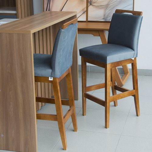 Conjunto 2 Banquetas Altas De Veludo Kit Cinza Estofada Acabamento Da Estrutura Verniz Cor Cinza-escuro