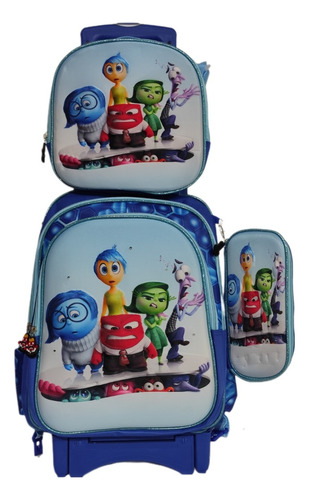 Mochila Lonchera Y Lapicera. Combo De Intensamente Con Llantas, Ruedas O Carrito Azul Claro Liso