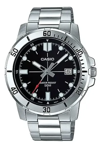 Reloj Casio Quartz Mtpvd01 1e Hombre Acero Inoxidable Correa Plateado Bisel Plateado Fondo Negro MTP-VD01D-1E