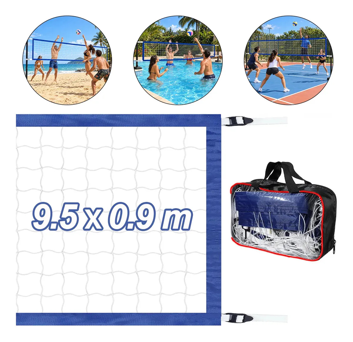 Rede de Vôlei Multiesportes Ajustável 4,6 a 9,5m x 0,9m com 4 Faixas 4 Costuras Portátil e Bolsa para Vôlei de Praia Futevôlei Badminton Tênis