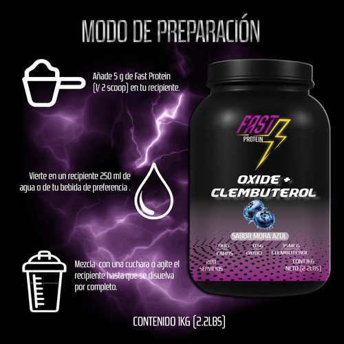 Óxido Nítrico + Clembuterol Fast Suplement 1kg 200 Serv Mora Azul