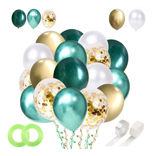 60 Globo Color Verde Blanco Dorado Metalico Para Bautizo