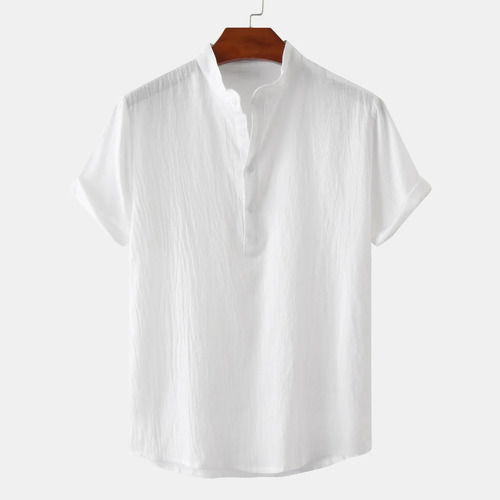 Camisa Casual De Algodón Y Lino De Manga Corta Con Cuello Al