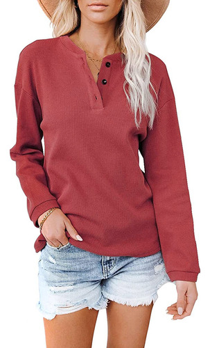 Camisa Mujer Cuello En V Color Sólido Top Manga Larga