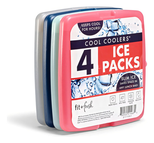 Fit + Fresh Cool Coolers - Paquetes De Hielo Delgados Reutilizables Para Bolsas De Almuerzo, Bolsas De Playa, Enfriadores Y Más, Juego De 4, Multicolor