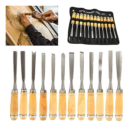 12 Piece Set Professional Wood Carving Sharp Hand Chisel Di.