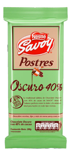 Chocolate Savoy Para Postres Oscuro 40% 200g
