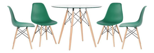 Kit Mesa De Vidro Eames Wood 90 Cm 4 Cadeiras Eames Dsw Tampa Verde-escuro