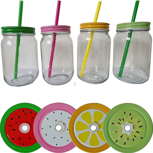 6 Canecas Vidro Tampa Frutas Vidro Mason Jar Jarmug 400ml