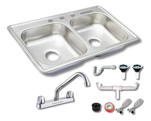 Fregadero Tarja Tina Doble Acero Inox 84x48 Con Kit Mez Flex Color Mezcladora Fija