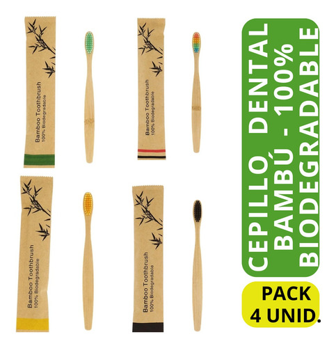 Pack 4 Cepillos Dentales Bambú Surtidos Ecológicos Adultos.