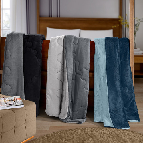 Edredom Plush Flanel Solteiro Dupla Face Cor Azul Escuro / Azul Claro