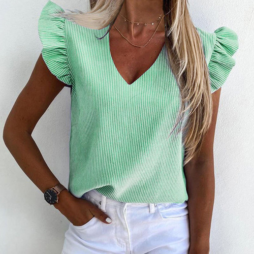 Tops De Mujer Verano A Rayas Con Cuello En V Volantes Sin Ma