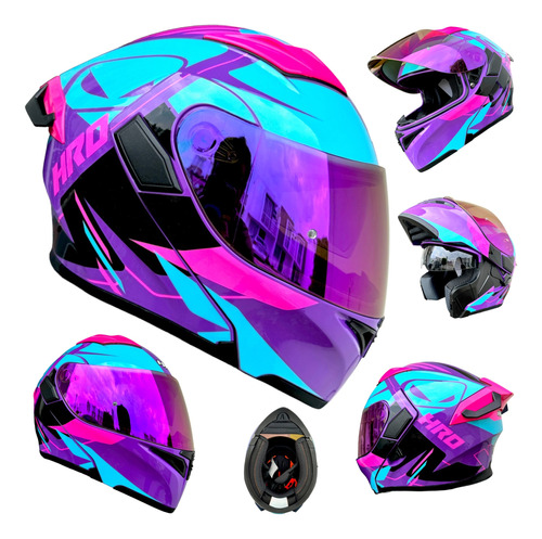 Casco Moto Morado Rosa Mujer Abatible Hro Aleron Dot Dama