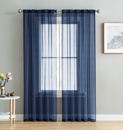 Navy Blue Sheer Voile Window Treent Rod   Curtain Panel...