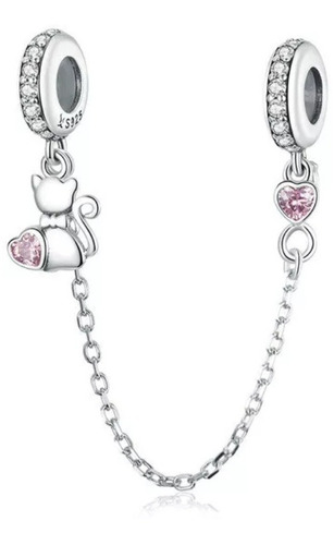 Charm Tope Diseño Gato Circón Rosa, Plata De Ley 925.