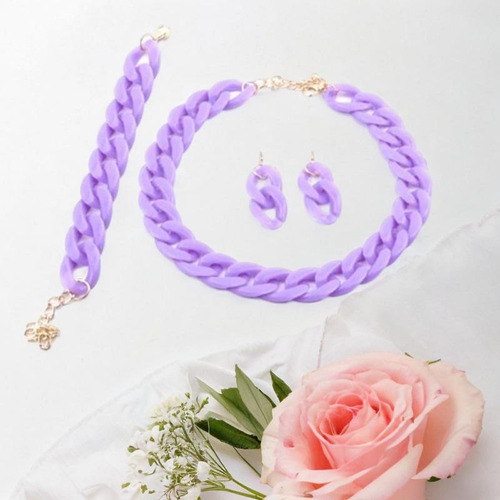 Conjunto De Collar, Pulsera Y Pendientes Con Cadena Púrpura