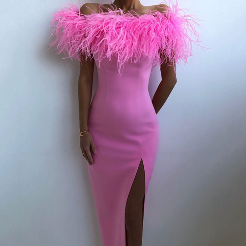 Vestido De Noche De Plumas Con Hombros Descubiertos Para Muj