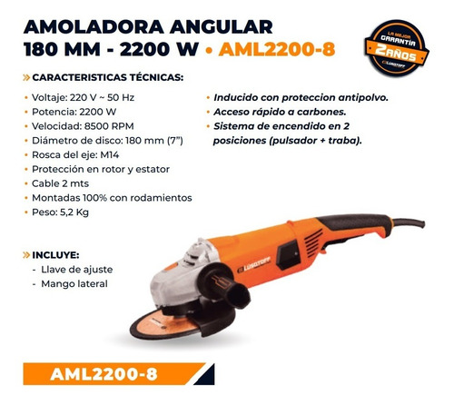 Amoladora Angular Lusqtoff Aml2200-8 180mm 2200 Watts