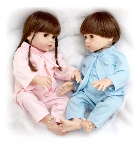 Kit Bebê Reborn Gêmeos Casal 52cm 100% Silicone Acessórios