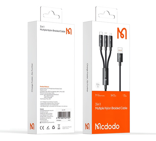 Cable Cargador Usb 3 En 1 Para Lightning Tipo-c Y Micro Usb