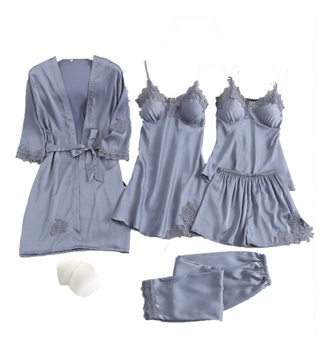 Pijama Satén 8 En 1 Pzs Conjunto Bata, Short, Pantalòn Azul