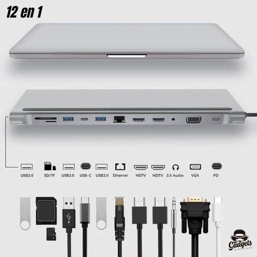 12 En 1 Usb Hub Adaptador 3.0 Tipo C Rj45 2x Hdmi Para Mac