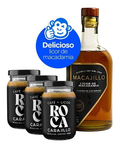 Pack Botella Macajillo Licor + 3 Pack Roca Carajillo