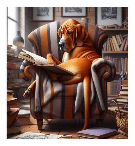 Vinilo 20x20cm Perro Orejon Leyendo Un Libro Sillon