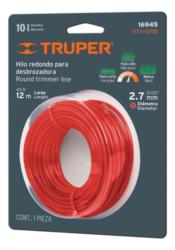 Hilo Redondo Desbrozadora 12 M Largo 2.7 Mm B. 16945 Rojo