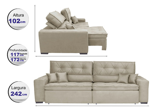 Sofá Austin 2,42m Retrátil, Reclinável com Molas no Assento e Almofadas, Suede Bege Cama inBox