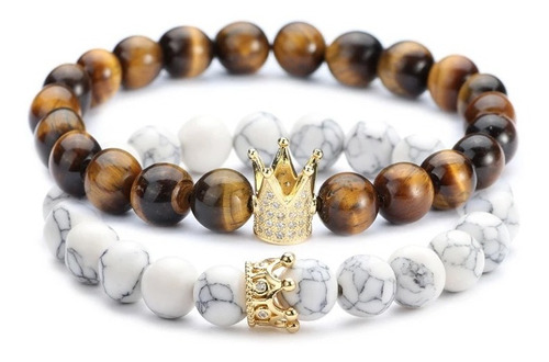 Conjunto Pulsera Hombre Mujer Piedras Corona Onix  Pareja