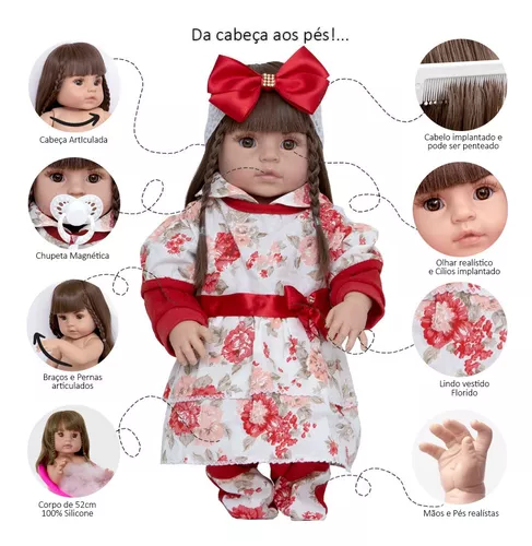 Boneca Bebê Reborn Corpo de Silicone - Baby Menina Vestido Florido