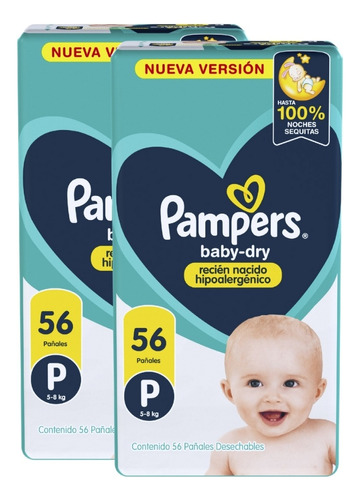 Set 2 Pack Pañales Pampers Babydry Pequeño Talle P 56u