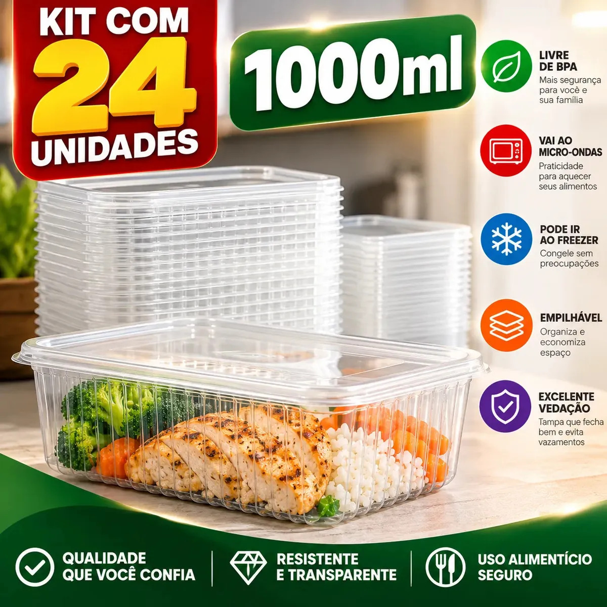 Kit 24 Potes Marmita 1000ml Com Tampa Descartável Transparente Microondas Freezer BPA Free Pote Plástico Retangular Para Alimentos Marmita Fit Delivery Congelador