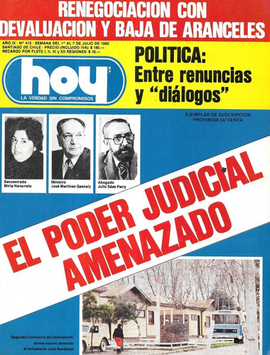 Revista Hoy N° 415 / 1 A 7 Julio 1985 / P Judicial Amenazado