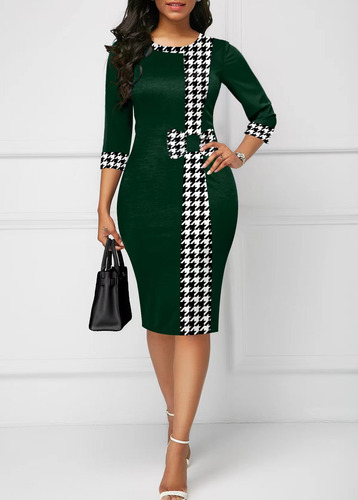 Elegante Vestido Midi Con Estampado De Pata De Gallo Y Falda