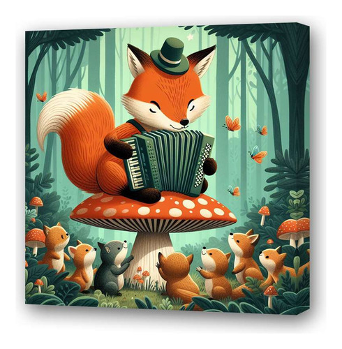 Cuadro 45x45cm Zorro Tocando El Acordeon Bosque M4