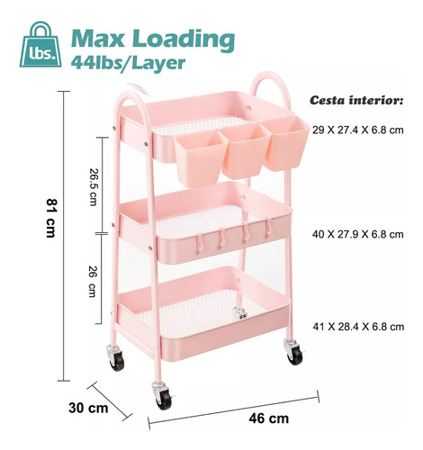Carrito Organizador Multiusos De Metal De 3 Niveles Con Rued