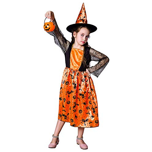 Vestido De Bruja De Calabaza Niñas Disfraz De Hallowee...