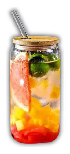 Vaso De Vidrio Con Tapa De Bambú Y Pajita 500ml