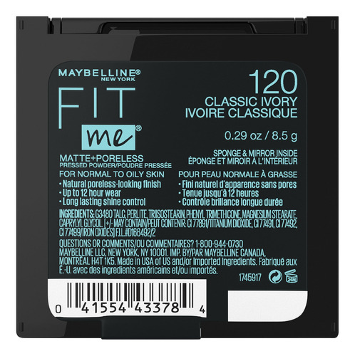 Base de maquillaje en polvo Maybelline Fit Me Matte + Poreless Matte + Poreless tom Ivoire classique, 8,5 g