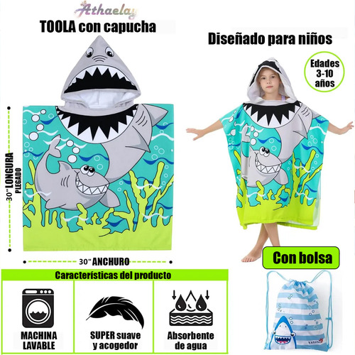 Toallas De Microfibra Con Capucha Para Baño De Niños Color Gris Tiburones